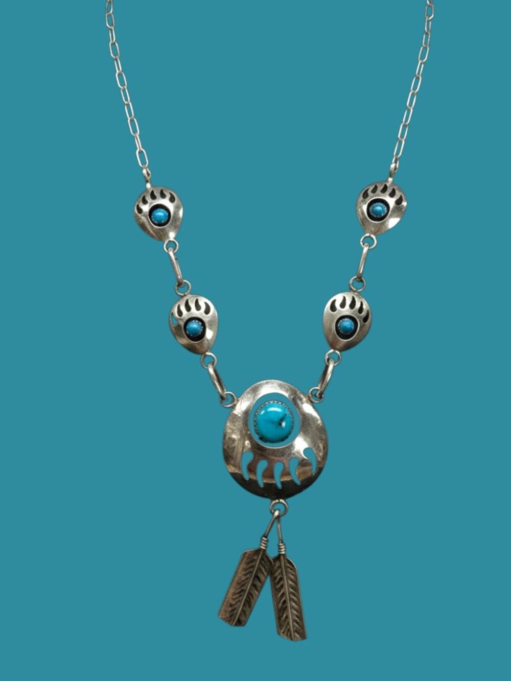 "Melissa Yazzie" Bear Paw Native American Turquoise Sterling Silver 925 Necklace